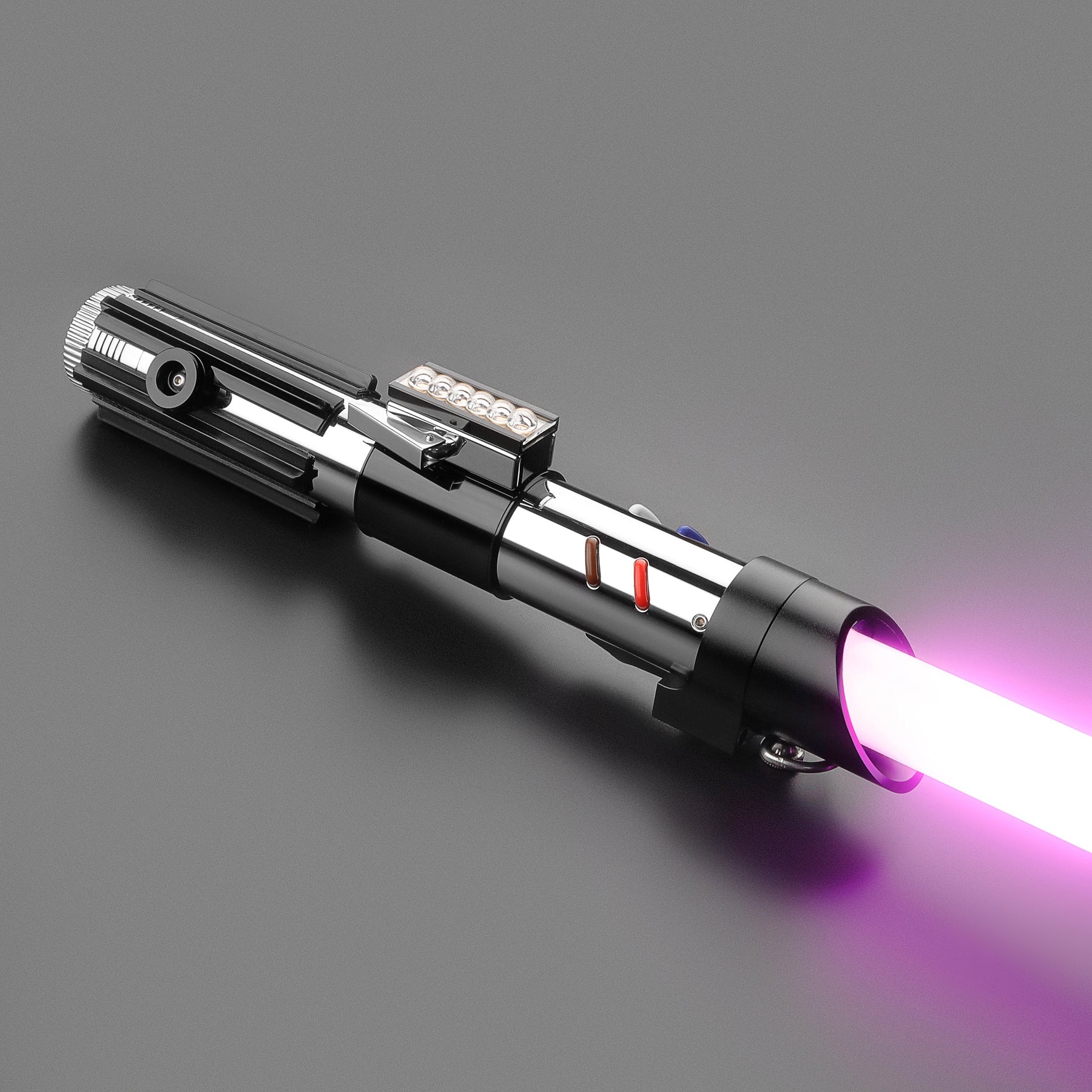 Customsaber Sith Lord Vader DV Light Saber: chrome and black hilt emitting a glowing purple blade on a grey background.|dm:main